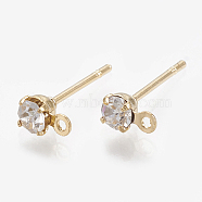 Brass Stud Earring Findings, with Loop, Real 18K Gold Plated, with Cubic Zirconia, , Clear, 5.5x3mm, Hole: 0.8mm, Pin: 0.7mm(X-KK-S348-119)