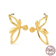 925 Sterling Silver Stud Earring Findings, Butterfly, for Half Drilled Beads, with S925 Stamp, Real 18K Gold Plated, 13.5x9mm, Pin: 11x0.9mm and 0.6mm(STER-M115-11G)