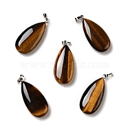 Natural Tiger Eye Pendants, with Platinum Tone Brass Findings, Teardrop, 33x15x7~7.5mm, Hole: 5x3.5mm(G-P474-01P-12)