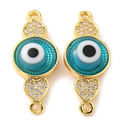 Brass Micro Pave Clear Cubic Zirconia Connector Charms, with Lampwork, Evil Eye with Heart, Real 18K Gold Plated, Dark Turquoise, 28.5x11x4.5~5mm, Hole: 1.4mm(KK-K338-03G-02)
