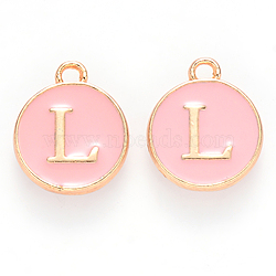 Golden Plated Alloy Enamel Charms, Cadmium Free & Lead Free, Enamelled Sequins, Flat Round with Letter, Pink, Letter.L, 14x12x2mm, Hole: 1.5mm(ENAM-S118-07L)