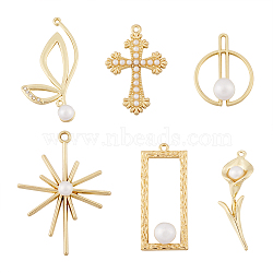 12Pcs 6 Style Alloy Pendants, with Acrylic Pearl Beads, Cadmium Free & Lead Free, Mixed Shapes, Light Gold, 27~41x12~31.5x3~8.5mm, 2pcs/style(FIND-CW0001-15)