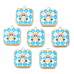 Resin Pendants, with Light Gold Plated Alloy, Cadmium Free & Nickel Free & Lead Free, Square with Bear, Deep Sky Blue, 20.5x18x6mm, Hole: 1.6mm(PALLOY-N161-008-NR)