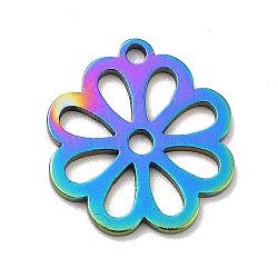 Ion Plating(IP) 201 Stainless Steel Pendants, Flower Charms, Rainbow Color, 14x12.5x1mm, Hole: 1.2mm(STAS-E176-23M)