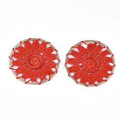 Polyester Woven Pendant Decorations, with Iron Findings, Flat Round with Flower, Light Gold, Red, 33x2mm(X-FIND-S283-07D)