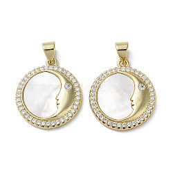 Brass Micro Pave Cubic Zirconia Pendants, with Shell, Flat Round, Real 18K Gold Plated, Moon, 20.5~21x18x2.5~3mm, Hole: 3.5x4mm(KK-G485-17B-G)