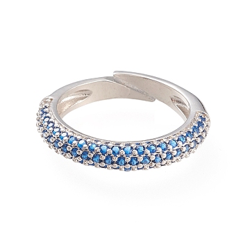 Adjustable Brass Micro Pave Cubic Zirconia Cuff Rings, Open Rings, Long-Lasting Plated, Platinum, Deep Sky Blue, Size 5, 16mm