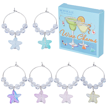 Glass Wine Glass Charms, with Brass Hoop Earring Findings, Star, Mixed Color, 49mm, 6 colors, 4pcs/color, 24pcs/box