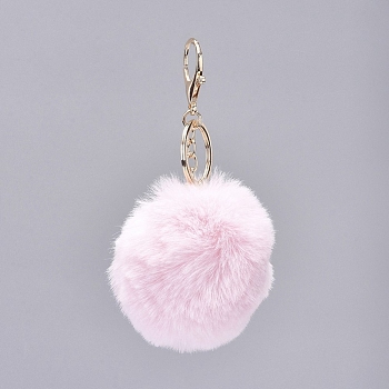 Pom Pom Ball Keychain, with Alloy Lobster Claw Clasps and Iron Key Ring, for Bag Decoration,  Keychain Gift and Phone Backpack , Light Gold, Misty Rose, 138mm