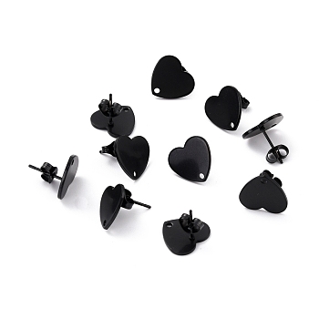304 Stainless Steel Stud Earring Findings, with Ear Nuts, Heart, Electrophoresis Black, 12x13mm, Hole: 1.5mm, Pin: 0.7mm