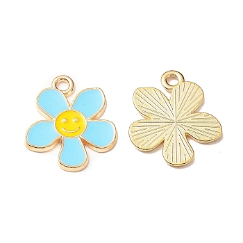 Alloy Enamel Pendants, Flower with Smiling Face Charm, Cadmium Free & Nickel Free & Lead Free, Golden, Cyan, 21.2~21.3x18x1.4~1.5mm, Hole: 2~2.2mm