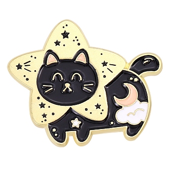 Cat Enamel Pin, Light Gold Alloy Brooch for Backpack Clothes, Star Pattern, 23x28mm