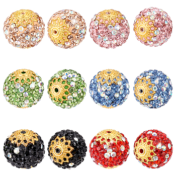 Elite 60Pcs 6 Color Handmade Polymer Clay Rhinestone Beads, Pave Disco Ball Beads, Round, Mixed Color, 10.5mm, Hole: 2mm, 10Pcs/color