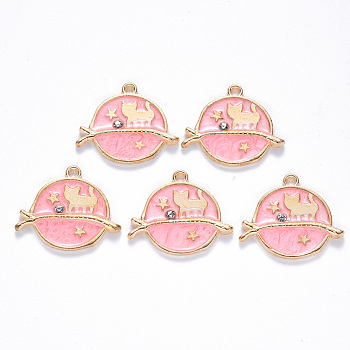 Alloy Enamel Pendants, with Crystal Rhinestone, Flat Round, Star & Cat, Clear, Light Gold, Light Coral, 22x26x2.5mm, Hole: 2mm