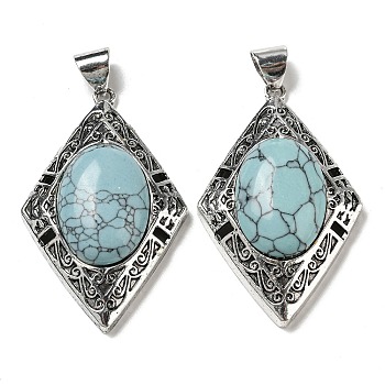 Synthetic Turquoise Big Pendants, Antique Silver Plated Alloy Rhombus Charms, 52x33.5x12mm, Hole: 7.5x5.5mm