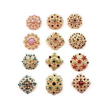 12Pcs Exquistie Rhinestone Brooch, Round & Rhombus & Flower Alloy Rhinestone Lapel Pin for Wedding Party, Golden, Mixed Color, 29~37x30~35.5x12mm, 1pc/style