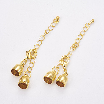 Brass Chain Extender, with Cord Ends and Lobster Claw Clasps, Nickel Free, Golden, 35mm, Clasp: 12x7x3mm, Cord End: 10.5x7mm, Hole: 7mm
