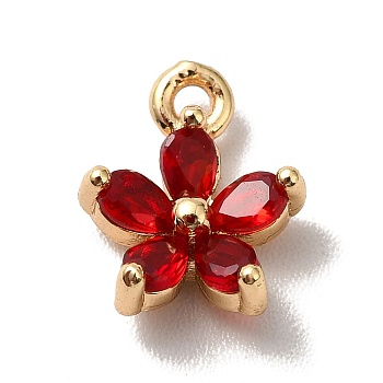 Brass Cubic Zirconia Flower Charms, Real 18K Gold Plated, Bauhinia Charm, Red, 10x8x3mm, Hole: 1.2mm