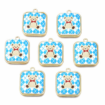 Resin Pendants, with Light Gold Plated Alloy, Cadmium Free & Nickel Free & Lead Free, Square with Bear, Deep Sky Blue, 20.5x18x6mm, Hole: 1.6mm