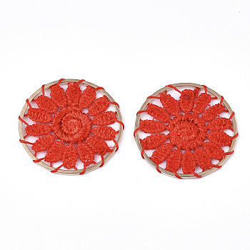 Polyester Woven Pendant Decorations, with Iron Findings, Flat Round with Flower, Light Gold, Red, 33x2mm