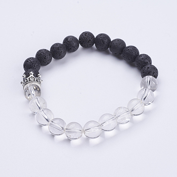 Natural Lava Rock & Quartz Crystal Stretch Bracelets, with Alloy Crown Beads, Antique Silver, Round, 2 inch(50mm)