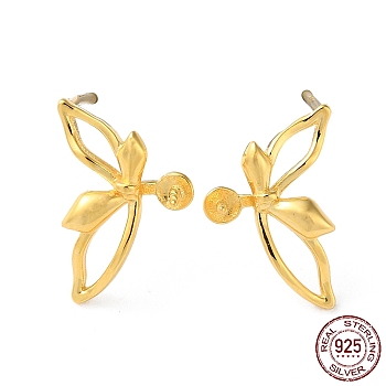 925 Sterling Silver Stud Earring Findings, Butterfly, for Half Drilled Beads, with S925 Stamp, Real 18K Gold Plated, 13.5x9mm, Pin: 11x0.9mm and 0.6mm