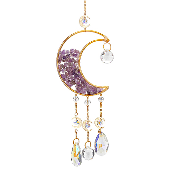 Crystal Chandelier Glass Teardrop Pendant Decorations, Hanging Sun Catchers, with Natural Amethyst Chips Beads and Brass Moon Charm, for Home Decoration, Golden, 395mm