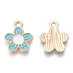 Alloy Enamel Pendants, Cadmium Free & Lead Free, Sakura, Light Gold, Cyan, 16x13x2mm, Hole: 1.8mm(ENAM-T009-47C-RS)