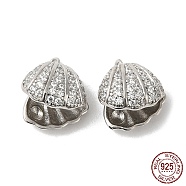 Rhodium Plated 925 Sterling Silver Charms, with Cubic Zirconia, Shell Charm, Real Platinum Plated, 10x8.5x7mm, Hole: 1mm(STER-M114-08P)