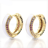Brass Micro Pave Colorful Cubic Zirconia Huggie Hoop Earrings, with Enamel, Real 18K Gold Plated, White, 15.5x16.5x5mm, Pin: 1x1mm(EJEW-S209-03F)