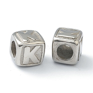 304 Stainless Steel European Beads, Large Hole Beads, Horizontal Hole, Cube with Letter, Stainless Steel Color, Letter.K, 8x8x8mm, Hole: 4mm(STAS-H145-01K-P)