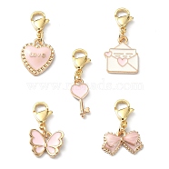 5Pcs Valentine's Day Alloy Enamel Pendants Decoratios, with Stainless Steel Lobster Claw Clasps, Mixed Shapes, Pink, 22~28mm(HJEW-JM01162-01)