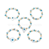 Glass Beaded Stretch Rings for Women, with Evil Eye Natural White Shell Mother of Pearl Shell Beads, Mixed Shapes, 3.5mm, Inner Diameter: 19mm(RJEW-JR00704)