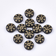 Plating Acrylic Beads, Metal Enlaced, Flat Round with Moon & Star, Black, 13x5mm, Hole: 1.5mm, about 895pcs/500g(PACR-T008-03)