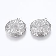 304 Stainless Steel Locket Pendants, Photo Frame Charms for Necklaces, Flat Round with Flower Pattern, Stainless Steel Color, 35.5x31x8mm, Hole: 2mm, inner size: 23mm(STAS-G146-22P)