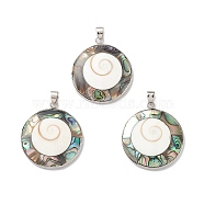 Natural Abalone Shell/Paua Shell Pendants, with Brass Findings, Cadmium Free & Lead Free, Flat Round, Platinum, 36x31.5x5mm, Hole: 6x4mm(BSHE-E029-02P)