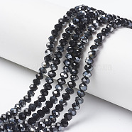 Electroplate Opaque Glass Beads Strands, Half Gray Plated, Faceted, Rondelle, Black, 6x5mm, Hole: 1mm, about 85~88pcs/strand, 16.1~16.5 inch(41~42cm)(EGLA-A034-P6mm-E18)