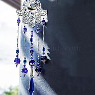 Hamsa Hand/Hand of Miriam with Evil Eye Alloy Pendant Decoration, Hanging Suncatcher, with Glass Cone Charm, Dark Blue, 490mm(WG81915-02)