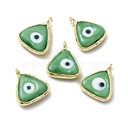 Handmade Lampwork Pendants, with Eco-friendly Light Gold Brass Findings, Long-Lasting Plated, Cadmium Free & Lead Free, Triangle with Evil Eye Charm, Medium Sea Green, 16x13.5x4~4.5mm, Hole: 2mm(LAMP-C009-01LG-06)