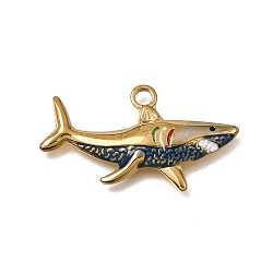 304 Stainless Steel Pendants, with Enamel, Shark Charms, Real 18K Gold Plated, Ion Plating(IP), Marine Blue, 17.5x32x3mm, Hole: 2.5mm(STAS-N108-79G-01)