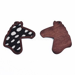 Eco-Friendly Cowhide Leather Big Pendants, with Dyed Wood, Horse's Head with Cow Pattern, Black, 53.5x42x3mm, Hole: 2mm(FIND-N049-10-04)
