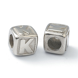 Tarnish Resistant 304 Stainless Steel European Beads, Large Hole Beads, Horizontal Hole, Cube with Letter, Stainless Steel Color, Letter.K, 8x8x8mm, Hole: 4mm(STAS-H145-01K-P)