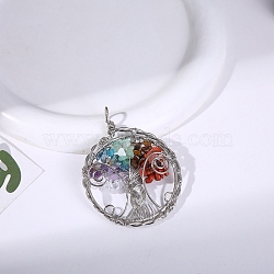 Gemstone Chip Tree of Life Copper Wire Wrapped Big Pendants, 7 Chakra Tree Charms, Platinum, 70x50mm(PW-WG53552-01)