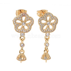 Brass Micro Pave Clear Cubic Zirconia Stud Earring Findings, with Ear Nuts, for Half Drilled Beads, Flower, Cadmium Free & Lead Free, Golden, 29mm, Pin: 0.8mm and 0.7mm(for half drilled beads)(KK-G420-21G)