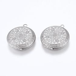 304 Stainless Steel Locket Pendants, Photo Frame Charms for Necklaces, Flat Round with Flower Pattern, Stainless Steel Color, 35.5x31x8mm, Hole: 2mm, inner size: 23mm(STAS-G146-22P)
