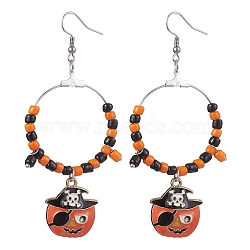 Glass Dangle Earrings, with Alloy Enamel Pendants and 316 Surgical Stainless Steel Earring Hooks, Pumpkin, For Halloween, Stainless Steel Color, 85x37mm(EJEW-JE05985)