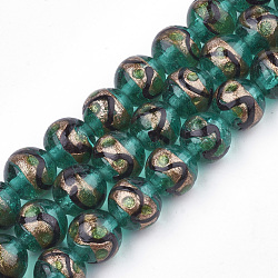 Handmade Gold Sand Lampwork Beads, Round, Dark Cyan, 12~12.5x11~12mm, Hole: 1.5~2mm(LAMP-T006-02E)