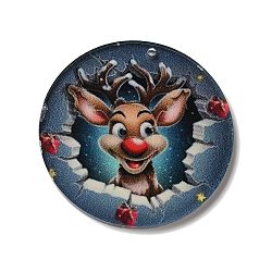 Printed Flat Round Christmas Themed Acrylic Pendants, Deer, 40x1.6mm, Hole: 2mm(OACR-L018-05B)