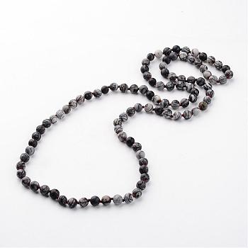 Natural Black Silk Stone/Netstone Necklaces, Beaded Necklaces, Frosted, 35.8 inch