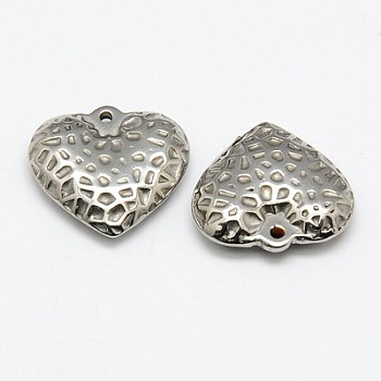 304 Stainless Steel Textured Pendants, Bumpy, Puffed Heart, Stainless Steel Color, 18x19x5mm, Hole: 0.5mm
